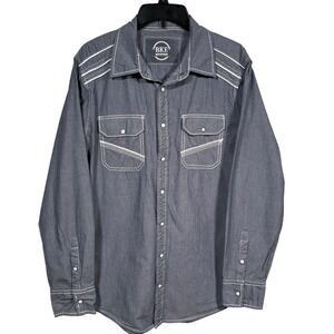 BKE Mens Shirt Blue Pinstripe Pearl Snap Western Cowboy Moto Rockabilly Large